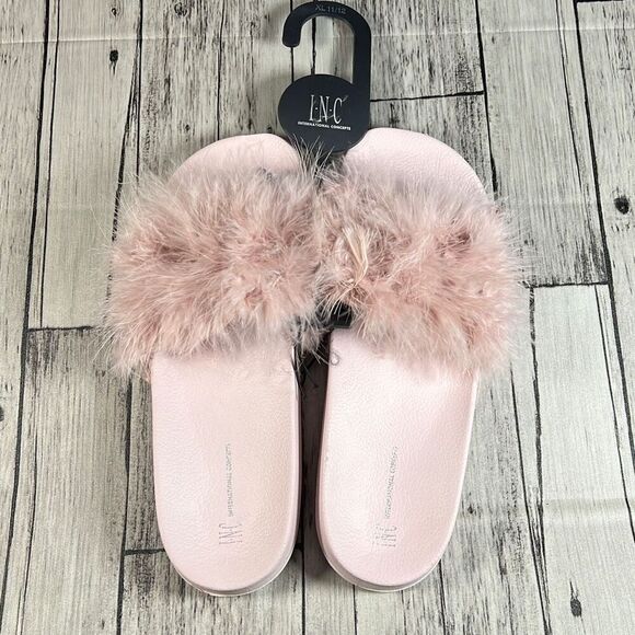 INC International Concept Women's Fur Slippers Slide Open Toe Pink XL 11/12 - Picture 1 of 6